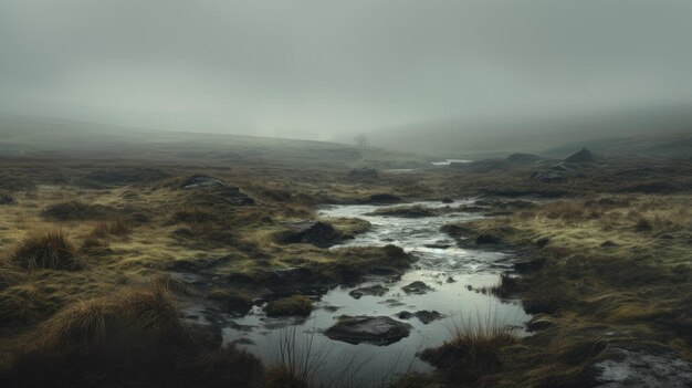 Een foto van een mistig moeras ruig landschap