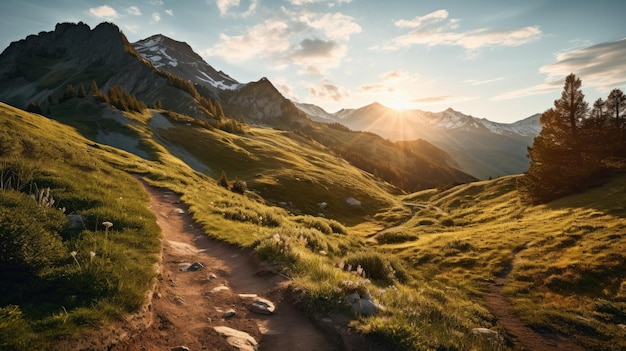 Een foto van een modderig wandelpad in de bergen gouden uur zonlicht