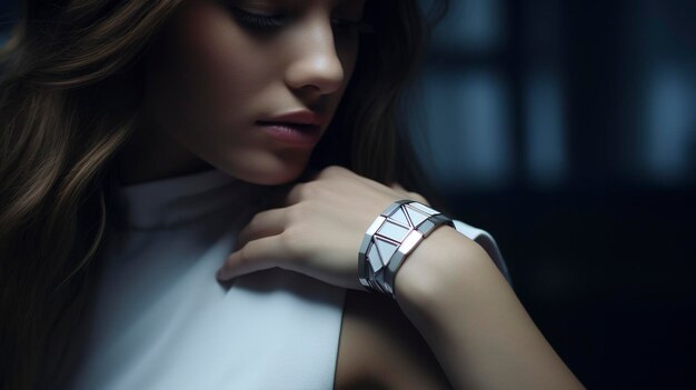 Een foto van een model met een unieke geometrische armband