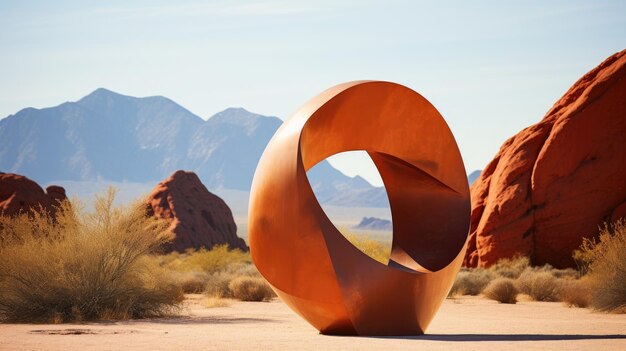 Foto een foto van een moderne buitensculptuur met abstracte vormen op de achtergrond van een woestijnlandschap