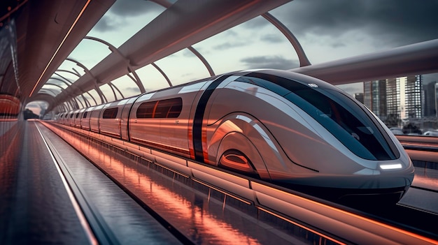 Een foto van een moderne hyperlooptrein in een futuristische omgeving