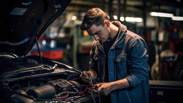 Een foto van een monteur die een diagnostische scanner op een auto gebruikt