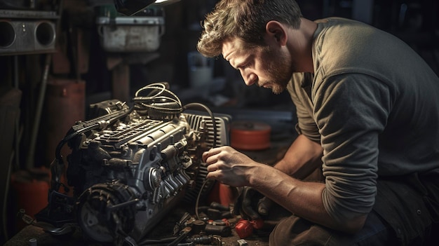 Een foto van een monteur die motordiagnostiek uitvoert op een auto