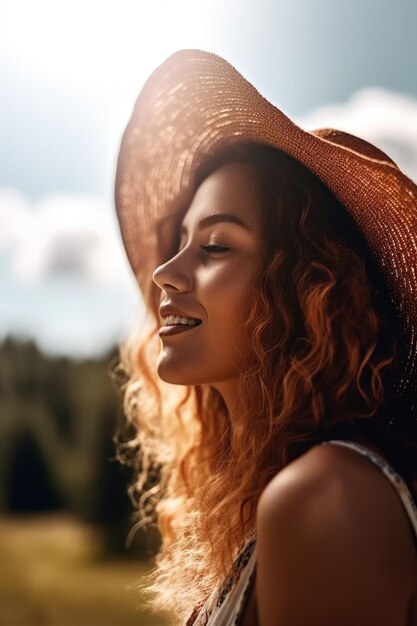 Een foto van een mooie jonge vrouw die van de zon geniet.