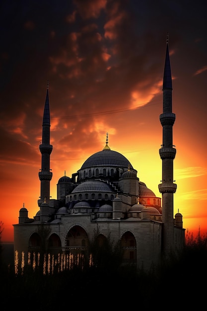 Een foto van een moskee met daarachter de ondergaande zon
