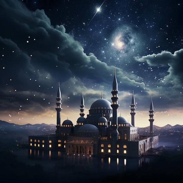 Een foto van een moskee met de maan op de achtergrond
