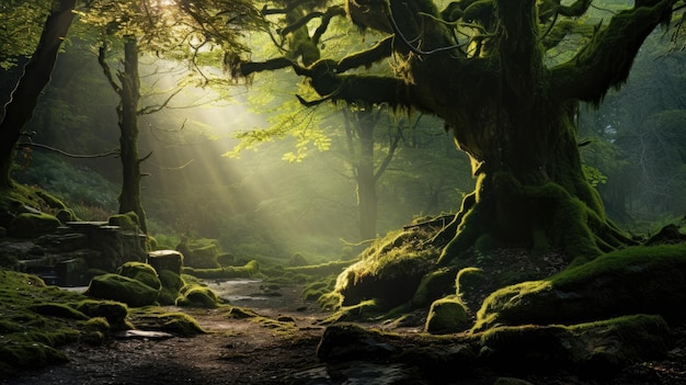 Een foto van een mystiek bos met hangend mos en gevlekte zonlicht.