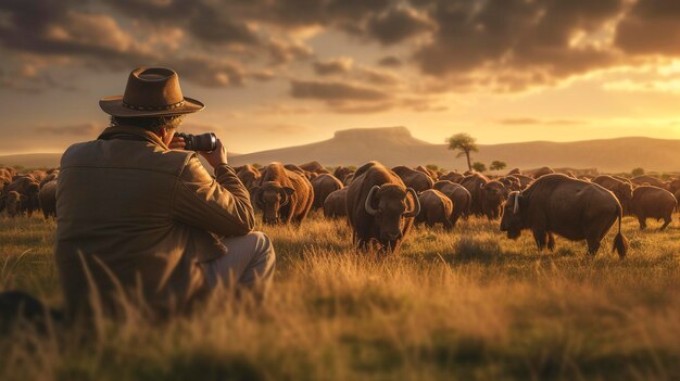 Foto een foto van een natuurfotograaf die een kudde observeert
