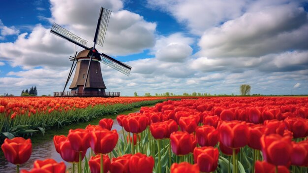 Foto een foto van een nederlandse windmolen met tulpenvelden en een bewolkte hemel