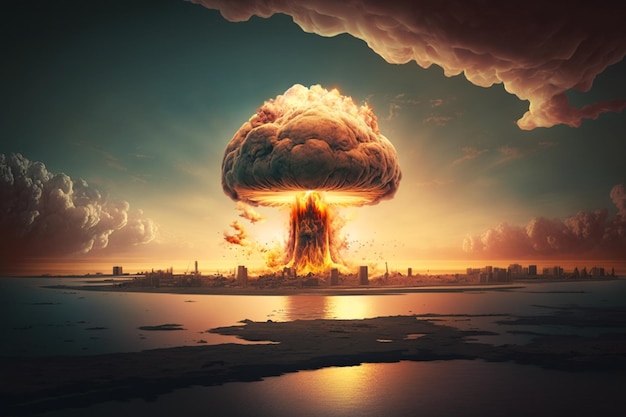 Een foto van een nucleaire explosie met een stad op de achtergrond