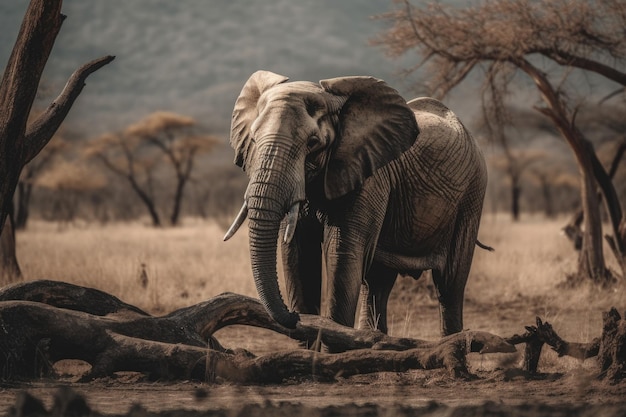 Een foto van een olifant in het wild met een vogel op de achtergrond Generatieve AI