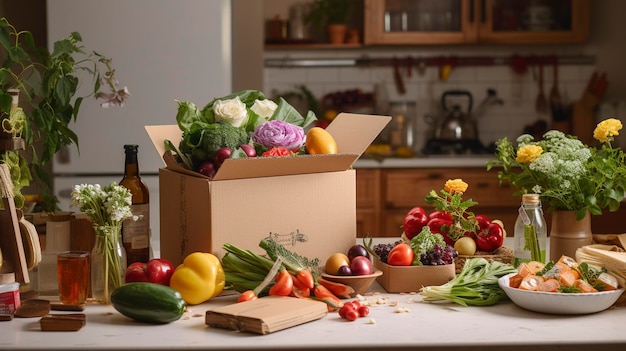 Een foto van een online supermarktbezorgdienst met verse ingrediënten en recepten