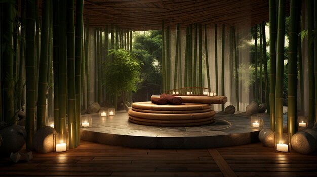 Een foto van een ontspanningsruimte met bamboe-thema