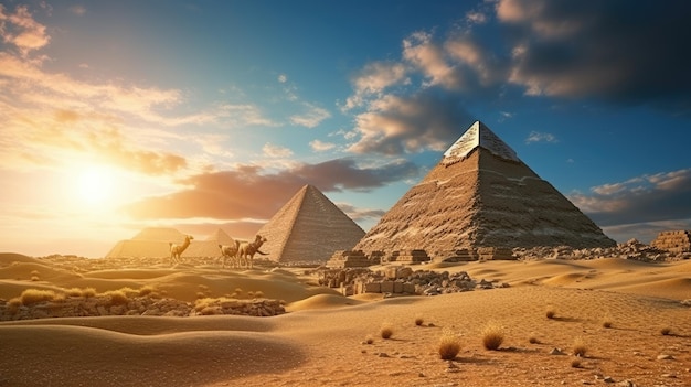 een foto van een oude piramide woestijn landschap heldere middag zon