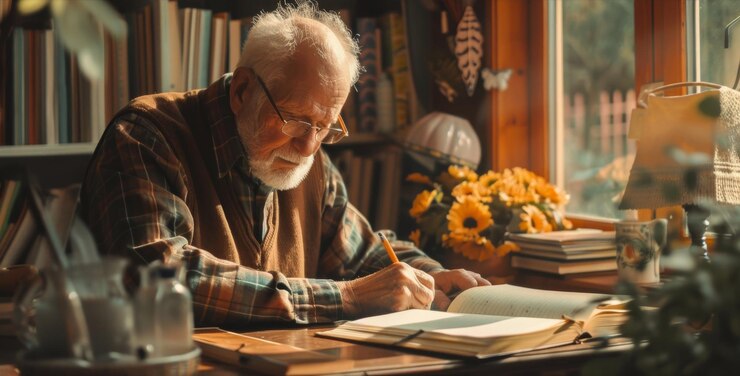 Een foto van een oudere man die in een dagboek schrijft over de voordelen van het schrijven van een dagboek voor de gezondheid van de hersenen