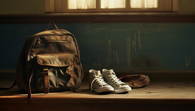 Foto een foto van een paar schoenen van een versleten kind naast een schooltas