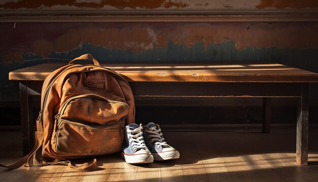 Foto een foto van een paar schoenen van een versleten kind naast een schooltas