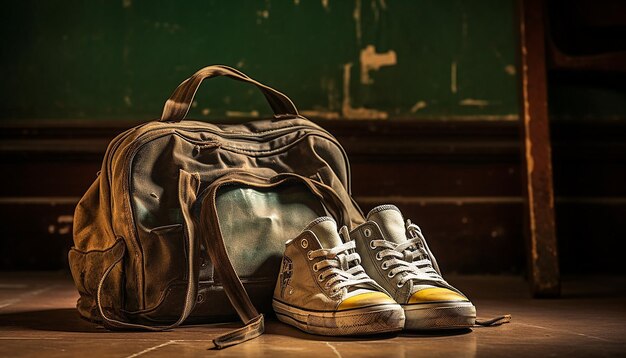 Foto een foto van een paar schoenen van een versleten kind naast een schooltas