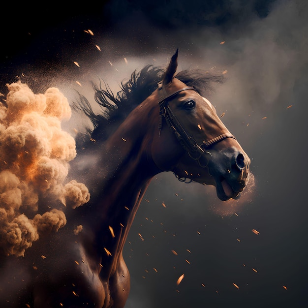 Een foto van een paard met daarachter een rookwolk.