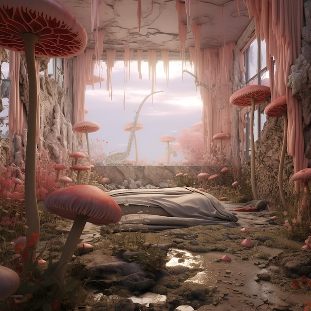 een foto van een paddenstoelenhuis met een boom op de achtergrond.