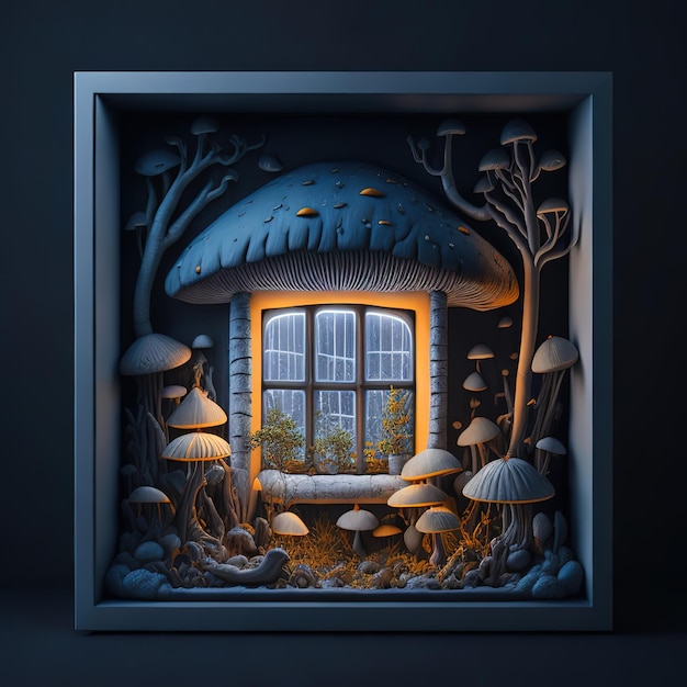 Een foto van een paddenstoelenhuis met een raam in het midden.