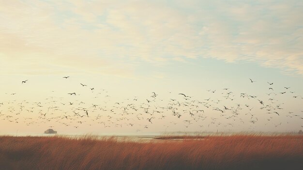 Een foto van een pampas landschap met een zwerm vogels eindeloze horizon