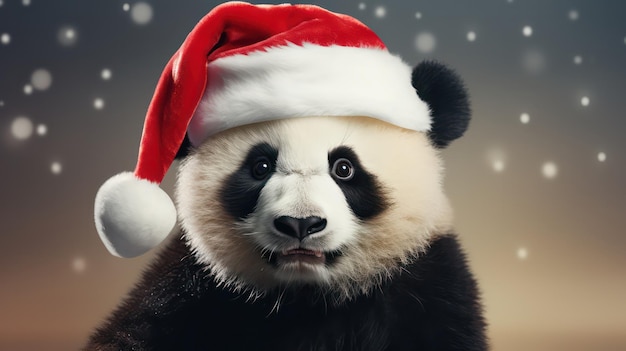 een foto van een panda die een kerstmankostuum en -hoed draagt voor de kerstviering