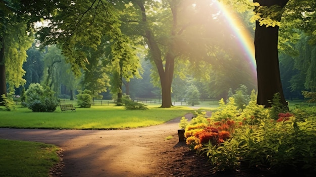 Een foto van een park met een regenboog weelderig gebladerte