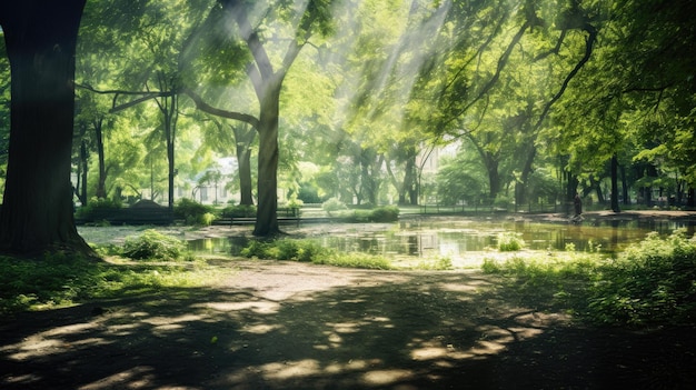 Een foto van een park met meerdere belichtingen met vlekken zonlicht