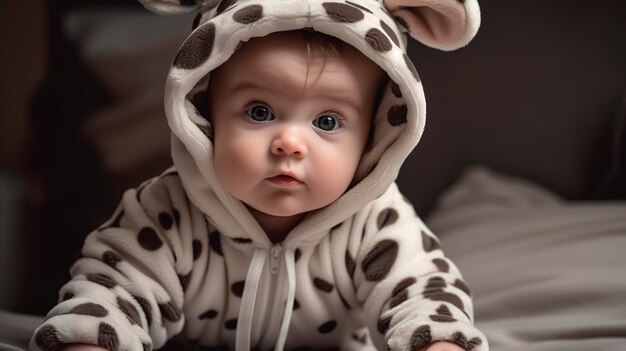 Een foto van een pasgeboren baby die een schattige dierenonesie draagt