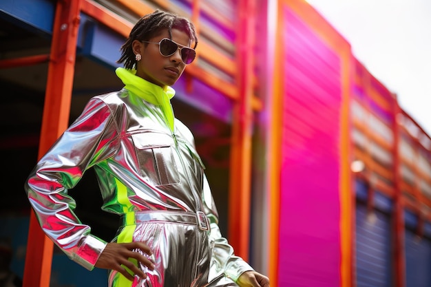 Foto een foto van een persoon die een metallic zilveren jumpsuit draagt met neonaccenten die doen denken aan de iconische genative ai-mode uit de jaren 80