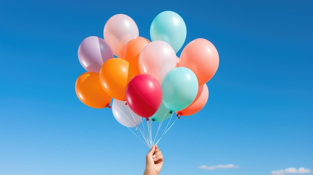 Een foto van een persoon die kleurrijke ballonnen de lucht in laat gaan