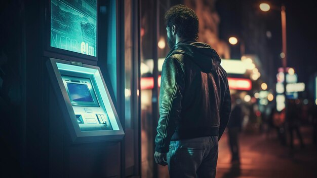 Een foto van een persoon die's nachts een geldautomaat gebruikt