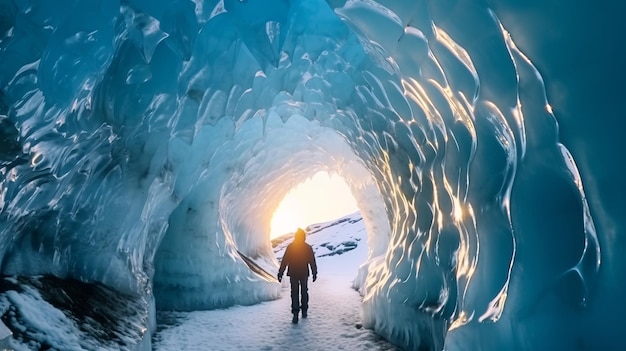 Foto een foto van een persoon in een ijsgrotijsgrot in ijsland gevoel voor avontuur