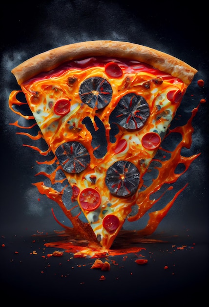 Een foto van een pizza met een plak die wordt gegeten met een vlameffect.