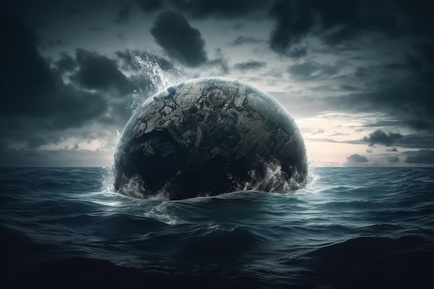 Een foto van een planeet in de oceaan met een storm op de achtergrond.