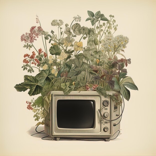 een foto van een plant met bloemen en een televisie erop
