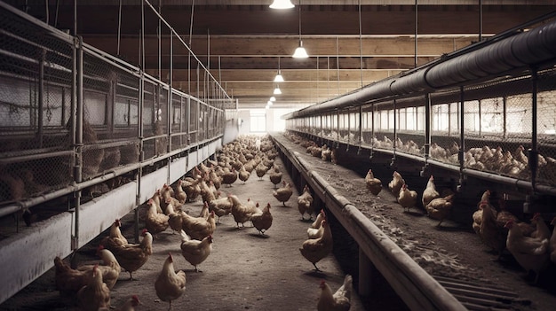 Foto een foto van een pluimveeboerderij met vrij rondzwervende kippen