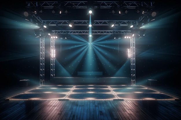 Een foto van een podium met verlichting en een podium in het midden