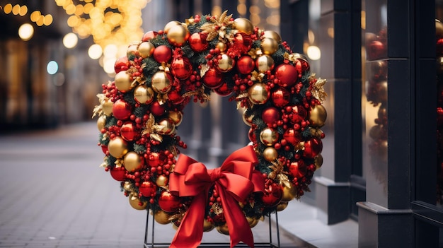 Een foto van een prachtig versierde kerstkrans met levendige rode strikken en gouden accenten
