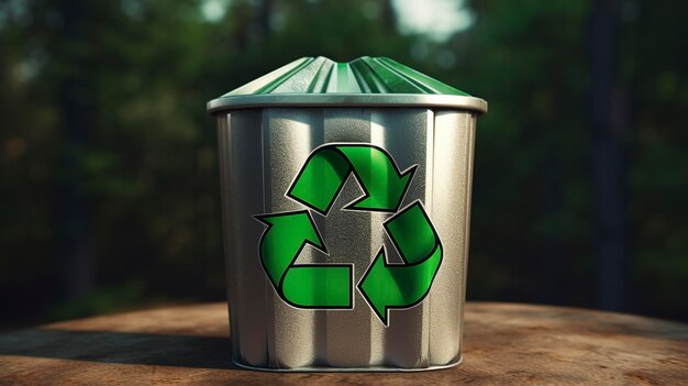 Een foto van een recyclingsymbool op een vuilnisbak voor aluminium blikjes