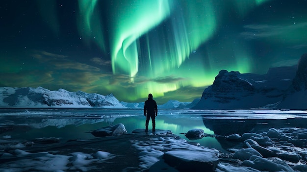 Een foto van een reiziger die het noorderlicht in het Noordpoolgebied observeert