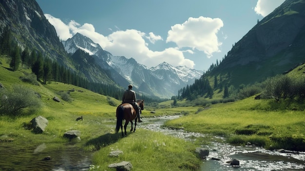 Een foto van een reiziger die paardrijdt in een schilderachtige vallei