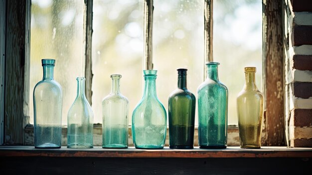 Een foto van een rij antieke glazen flessen op een verweerde houten vensterbank zacht natuurlijk licht