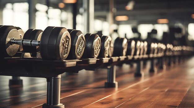 Een foto van een rij netjes gerangschikte dumbbells