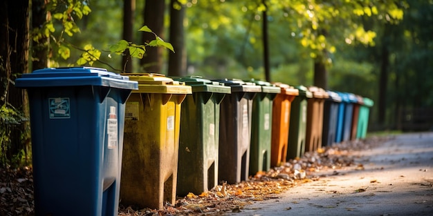 Een foto van een rij recyclingbakken in een goed onderhouden stadspark