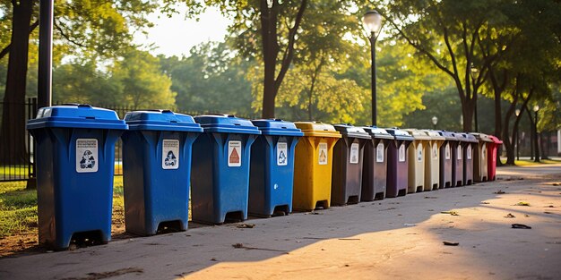 Een foto van een rij recyclingbakken in een goed onderhouden stadspark