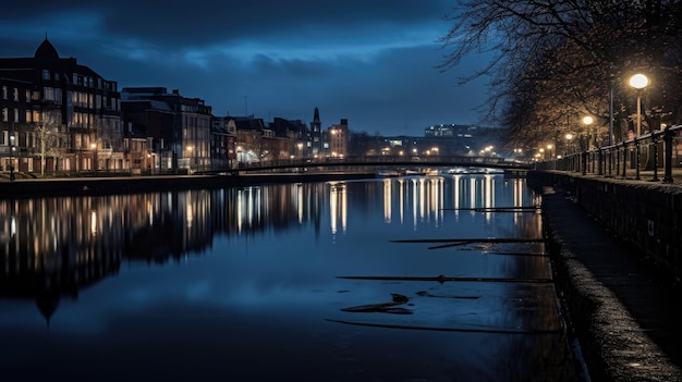 Een foto van een rivier bij nacht, reflecties van stadslichten