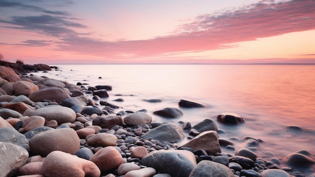 Een foto van een rotsachtig strand met een zachte roze zonsondergang