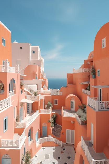 Een foto van een roze gebouw met de woorden santorini bovenaan.